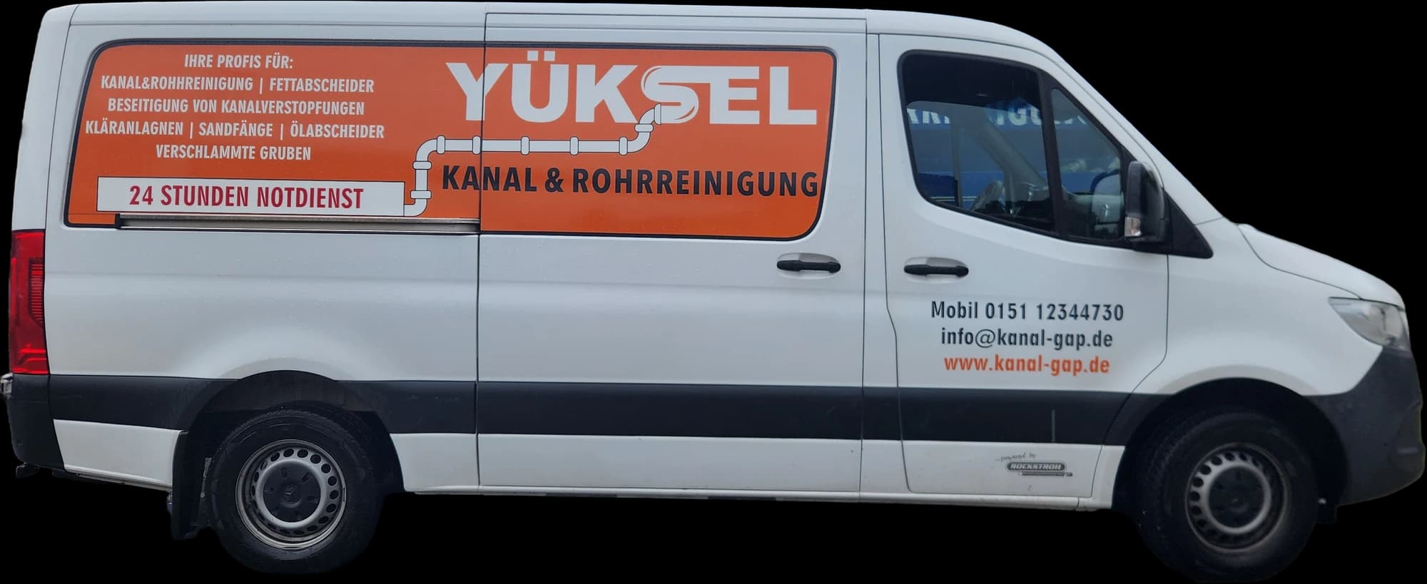 White Mercedes-Benz Sprinter of Kanalreinigung Yüksel, side view with service list and contact details