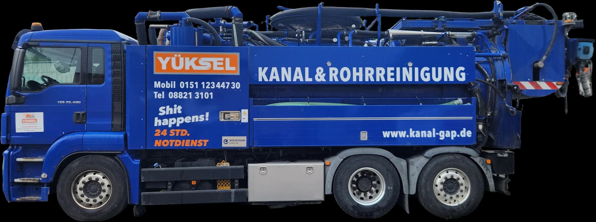 Blue combined jetting and vacuum truck of Kanalreinigung Yüksel, side view, lettered Kanal und Rohrreinigung